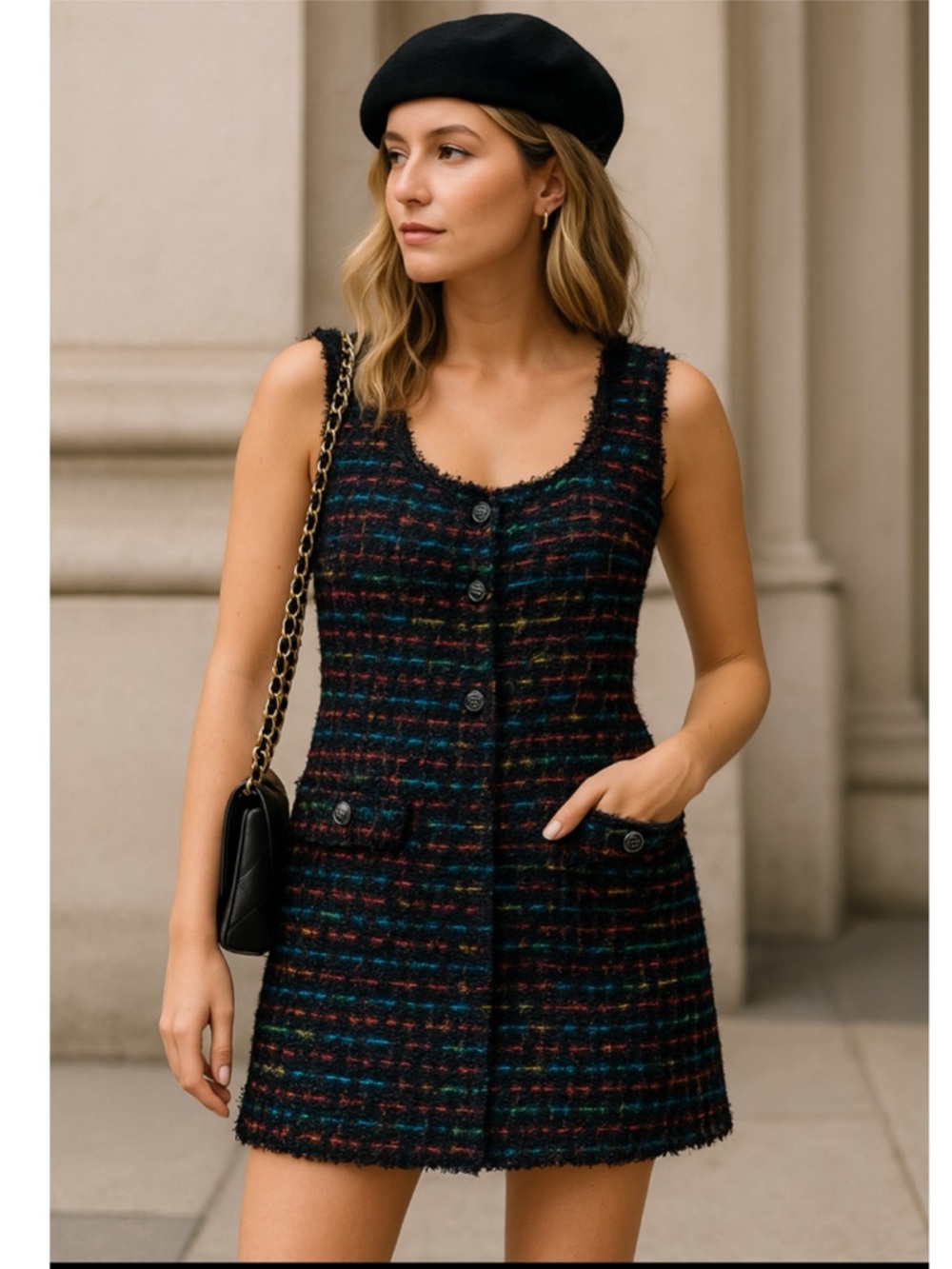 Kate Spade Tweed Mini Dress Metallic Sleeveless Shift Black Size 6